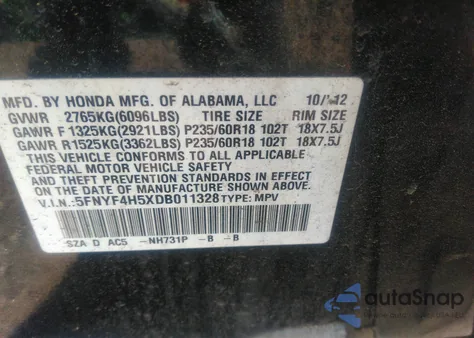 2013 Honda Pilot Ex-L from USA, damaged, VIN 5FNYF4H5XDB011328